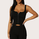 2025 women's clothing ins new suspender top sexy knitted solid color U-neck zipper short backless irregular T-shirt