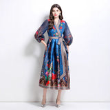 Popular trade women's clothing 2025 spring new V-neck ethnic style printed satin wrap long dress