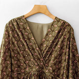 summer new seven-quarter-sleeved literary and retro printing  medium-sleeved temperament cross-neck coffee break dress