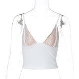 HULIANFU 2025 women's clothing spring tops are hot-selling lace mesh deep V exposed navel slim and versatile Spice Girl style with small suspenders