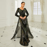 2025 high-end long-sleeved temperament V-neck sexy long sequined banquet evening dress bridesmaid dress women