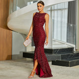 2025 high-end long-sleeved no-quality round neck sexy long sequined banquet evening dress bridesmaid dress women