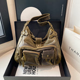 HULIANFU 2025 special for women's fashion washed leather whitened old locomotive bags multi-pocket  retro trend shoulder bags