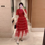 Heavy industry sequined bubble sleeve dress women's  summer new high-end waist hollow mesh cake dress