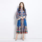 Popular trade women's clothing wholesale 2025 spring and summer new ethnic style pattern stand-up collar lace splicing long jumpsuit