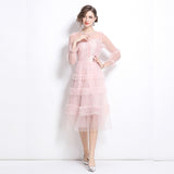 gentle wind mesh stitching long-sleeved dress women's summer super fairy sweet waist thin cake long skirt