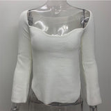 HULIANFU spring elegant sexy square neck knitted pullover slim arc hem slit solid color knitted women's sweater