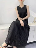 Miyake pink bud long dress temperament loose and thin fairy skirt seaside vacation sleeveless vest dress female summer