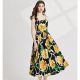 Real shot, summer print, pleated chest, high-waisted slim A-shaped dress, adjustable shoulder straps, chest cotton.