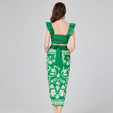 Real shot, summer beach wind contrasting color printed suspender top + strap beach skirt, two-piece fashionable set