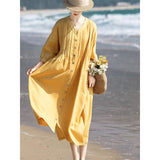 Summer travel literary fan cotton and linen dress, loose V-neck seven-quarter-sleeved organ pleated long cardigan knee-length dress
