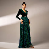 2025 new high-end long-sleeved V-neck banquet sequined split d big pendulum evening dress bridesmaid dress women