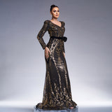 2025 women's clothing new high-end long-sleeved V-neck slim-fit hip-wrapped banquet sequined fishtail evening dress dress