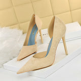 2025 6168-1  fashion, sexy and thin side hollow high heels, thin heel cloth surface, shallow mouth, pointed head, super high heel single shoes