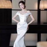 2025 Light wedding dress shoulder high-end niche satin engagement dress  bride wedding welcome out yarn fishtail dress