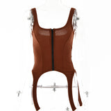 2025 women's clothing ins new suspender top sexy knitted solid color U-neck zipper short backless irregular T-shirt