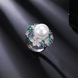 2025 Emerald sunflower pearl ring female heavy industry zircon inlaid high sense celebrity elegant bead open ring