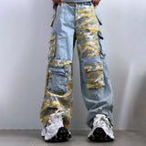 2025 Cross-border Popular trade 2025n high street camouflage splicing jeans women's winter new loose wide-leg jeans high sense