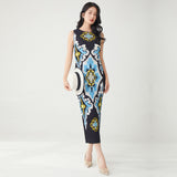 2025 Retro printed dress sleeveless summer slim fit sleeveless high elastic hip skirt temperament versatile  straight skirt