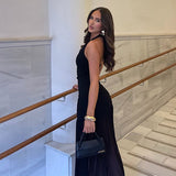 HULIANFU 2025 New new sexy V-neck hollow backless splicing mesh skirt temperament split neck dress women