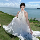 2025 Holiday style white gentle neck dress summer super fairy seaside photo sleeveless off-the-shoulder elegant pendulum dress