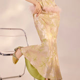 National style new Chinese-style green bamboo jacquard stand-up collar top temperament fashionable light luxury disc buckle vest skirt set N3011