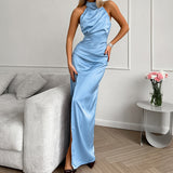 2025 temperament satin neck sleeveless split dress small dress popular  fashion new New long dress
