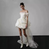 2025 Simple white dress skirt light wedding dress female bride travel photography go out yarn short  one-word shoulder light luxury niche