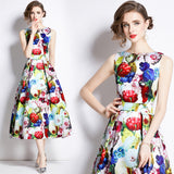 Fashion, light and mature style, celebrity temperament, sleeveless round neck, waist and thin A-shaped three-dimensional tailoring printed big pendulum dress