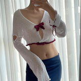 HULIANFU New summer 2025 new lazy style thin knitted bow decoration front and back wear lace-up hollow top women