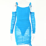 2025 perspective pleated sexy suspender short skirt women's  summer new long-sleeved waist thin backless dress