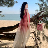 2025 Holiday photo beach skirt seaside pink gradual change suspender seaside atmosphere long skirt three-dimensional embroidery super fairy date