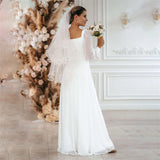 2025 Hot trade new wedding dress simple white elegant A-shaped skirt square neck long sleeve falling to the ground beach bridal dress  spring