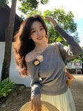 2025 spring new ins temperament off-the-shoulder wool bottoming shirt long-sleeved knitted sweater women's top 25149