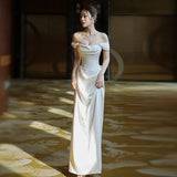 2025 one-word shoulder light wedding dress bridal high sense white simple satin dress temperament light luxury slim fishtail dress