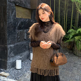 2025 popular autumn and winter temperament fringed loose vest V-neck sleeveless alpaca knitted sweater women 25040