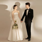 2025 light wedding dress bride simple tube top going out yarn Mori super fairy satin dress welcome yarn small man