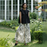 2025 Spring Women's Pants Casual Pants, Cotton Art Black and White Printing A-Word Wide Leg Culottes Trousers C0312