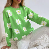 HULIANFU New autumn and winter new  2025 women's clothing contrasting colors, small daisies, fresh and sweet casual pullover knitted sweater