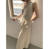 2025 THE MIND linen design V-neck vest skirt 2025 summer Korean version simple waist sleeveless dress 005AX
