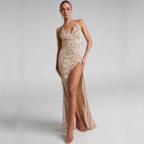 HULIANFU popular 2025 New solid color fringed sequined suspender cocktail dress party dress long dress fringed dress