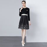 Spring women's clothing popular new black knitted splicing printing pleated dress spring wear high-end sense