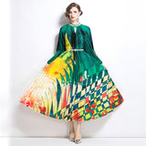 style high-end hollow bead round neck lantern sleeve strap waist temperament long printed pleated dress