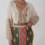 2025 early spring new bohemian embroidered lace-up cotton long-sleeved shirt