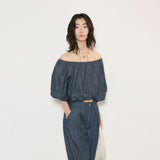 One-word shoulder short-sleeved bubble-sleeved short top, retro casual dark blue floor-mopping trousers B0138 casual suit