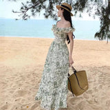2025 off-the-shoulder suspender skirt women's summer 2025 new high-end one-word shoulder coffee break skirt oil painting print dress
