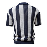 HULIANFU 2025 Men's  Summer Lapel Mesh Hollow Short Sleeve Fishnet Trend Men's Striped POLO Shirt Popularan Size