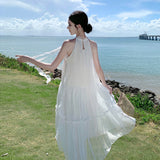 2025 Holiday style white gentle neck dress summer super fairy seaside photo sleeveless off-the-shoulder elegant pendulum dress