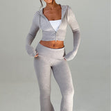 2025 HULIANFU popular autumn and winter new  New solid color slim-fit short hooded top casual pants set two-piece set women