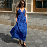 2025 holiday style blue cotton and linen V-neck suspender backless dress  Popularan, n spring and summer new New long dress